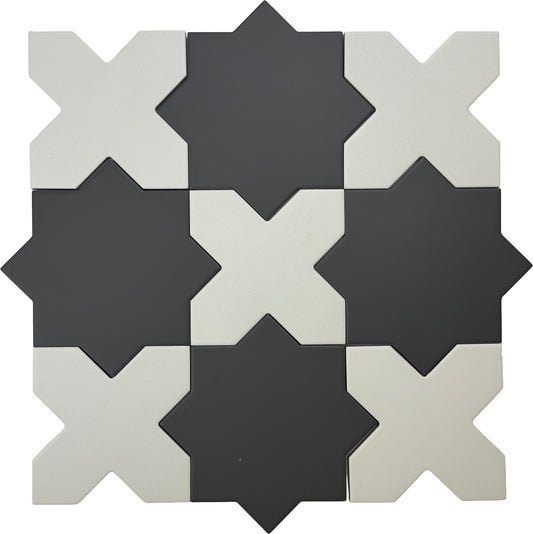 Graphite Black 7" Star with Pure White 5" Cross Matte Porcelain (10.62 sq ft/case) - 68 Pack