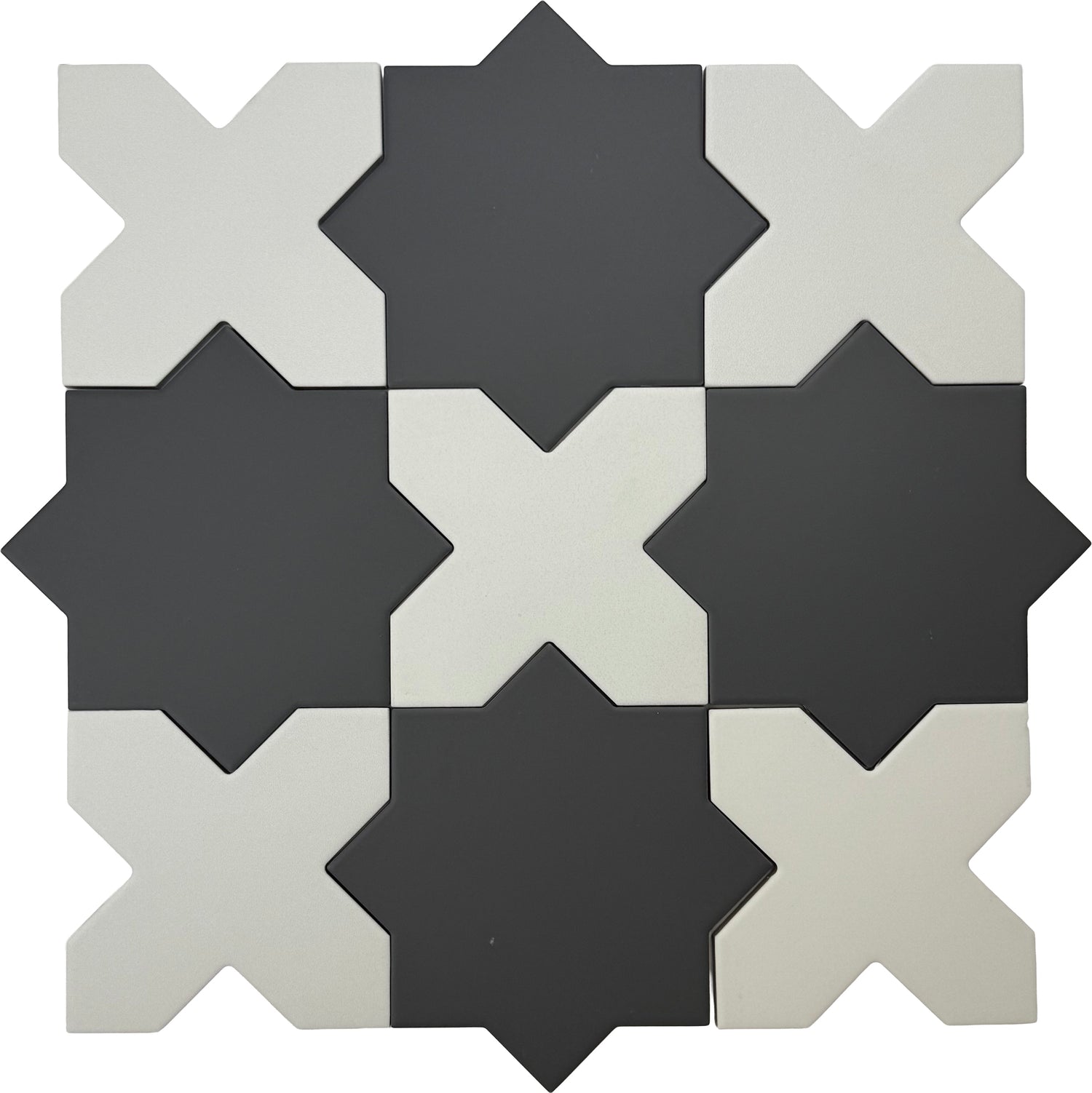 Graphite Black 7" Star with Pure White 5" Cross Matte Porcelain (10.62 sq ft/case) - 68 Pack-sample