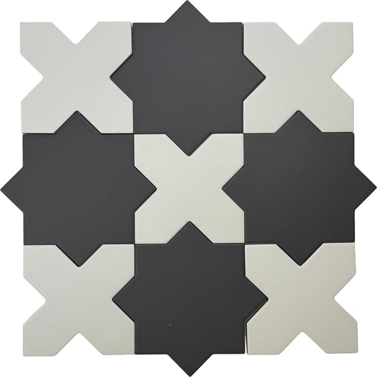 Graphite Black 7" Star with Pure White 5" Cross Matte Porcelain (10.62 sq ft/case) - 68 Pack-sample