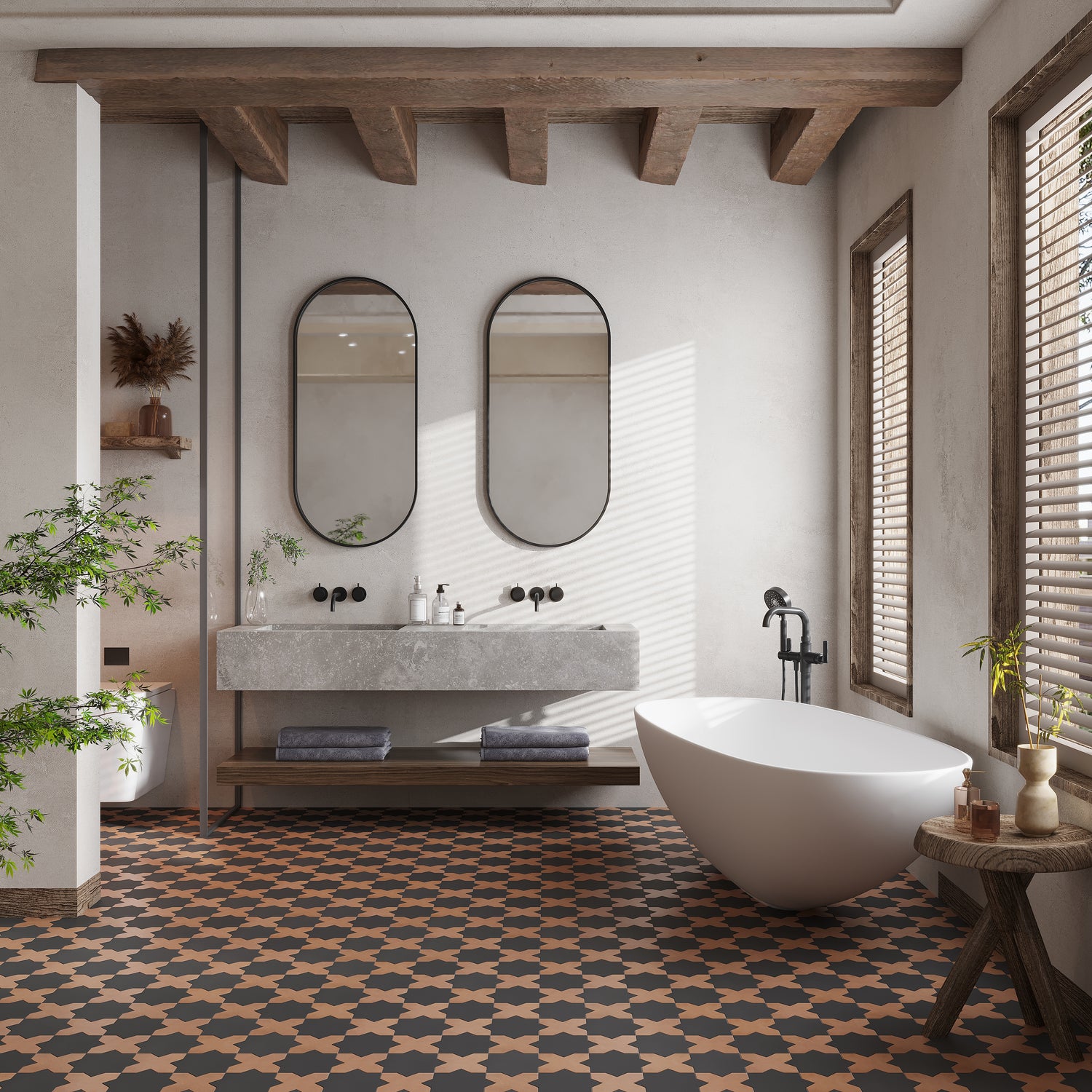 Graphite Black 7" Star with Terracotta 5" Cross Matte Porcelain (10.62 sq ft/case) - 68 Pack