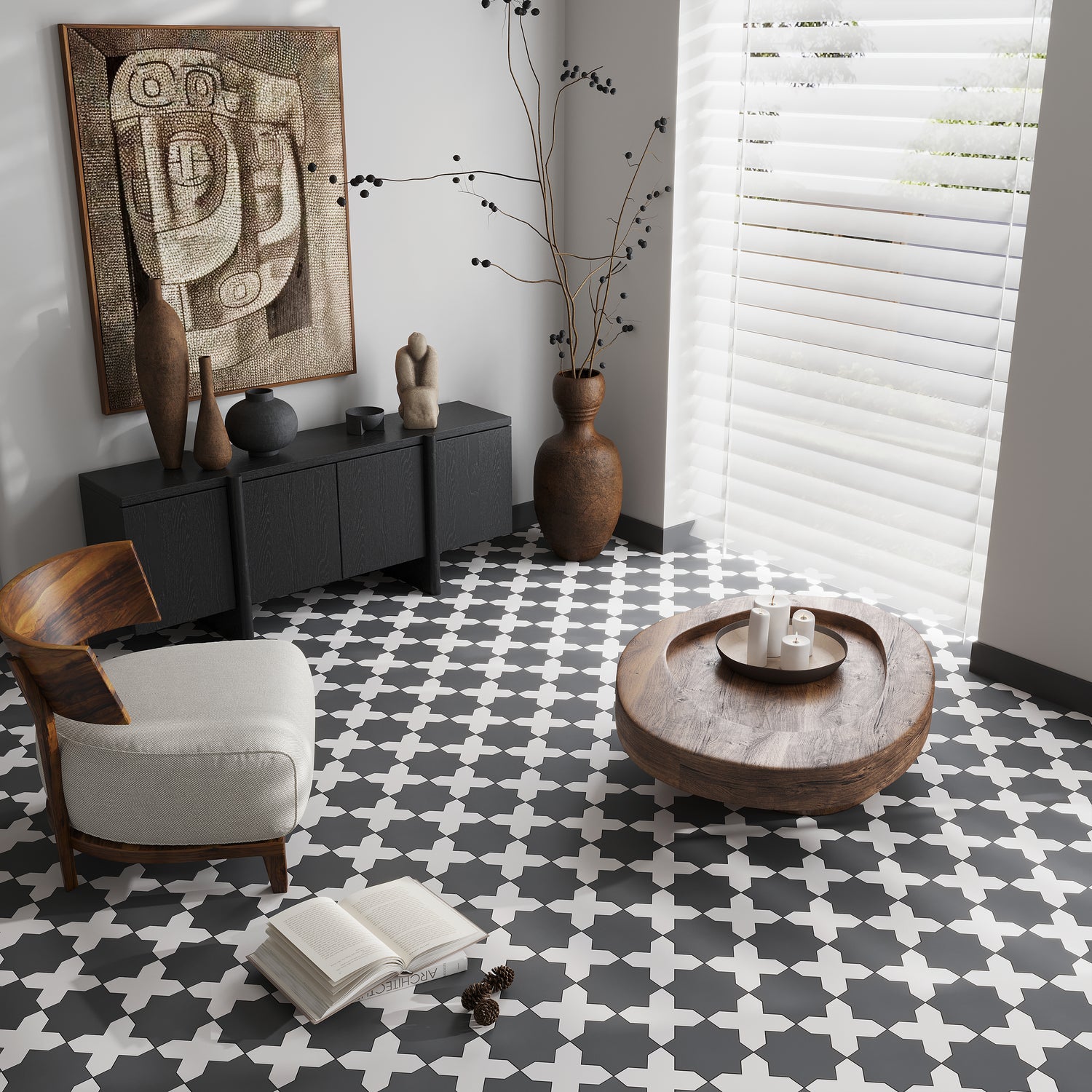 Graphite Black 7" Star with Light Gray 5" Cross Matte Porcelain (10.62 sq ft/case) - 68 Pack