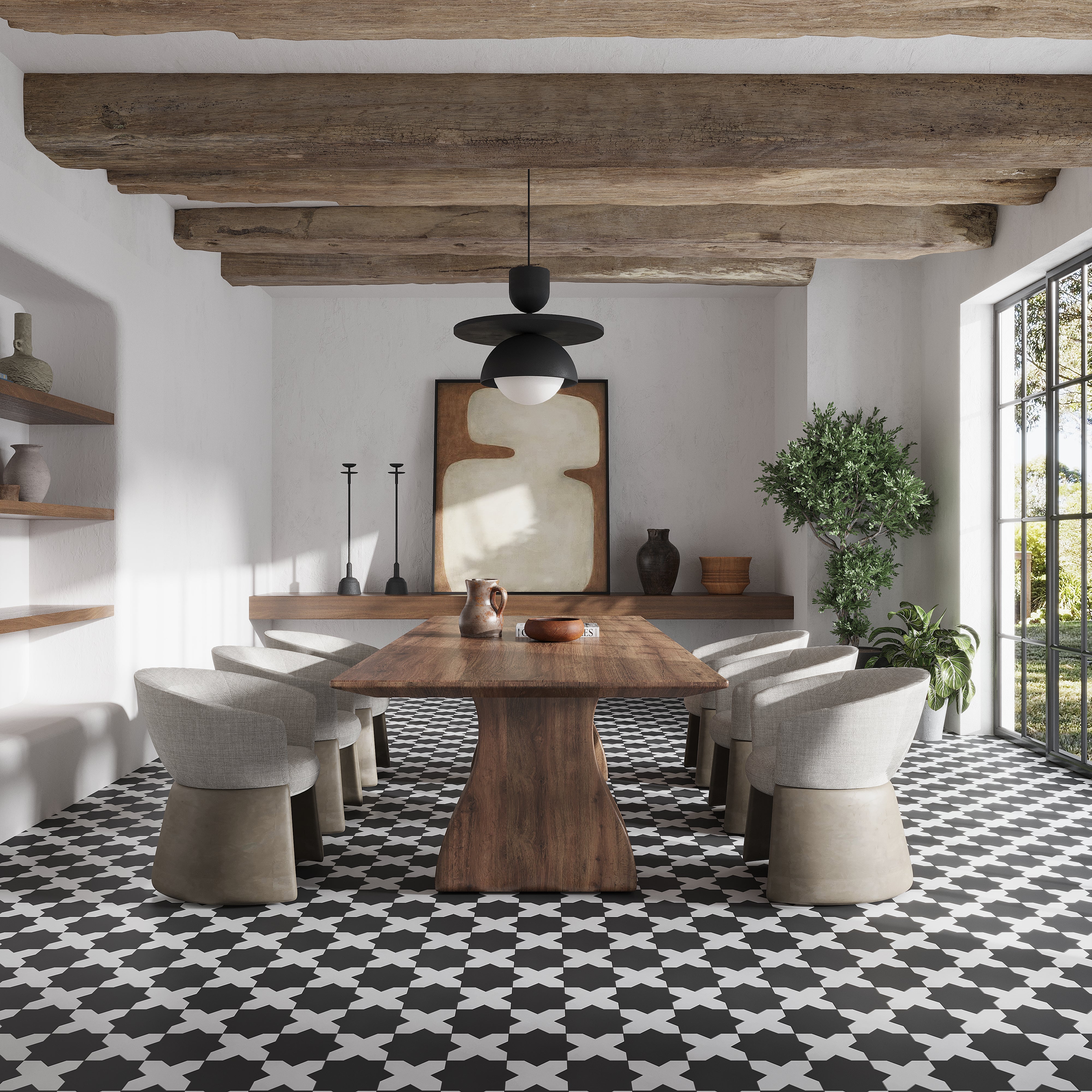 Graphite black and pure white matte porcelain tile in a star and cross pattern