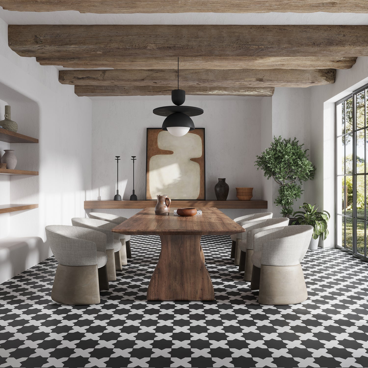 Graphite Black 7" Star with Pure White 5" Cross Matte Porcelain (10.62 sq ft/case) - 68 Pack