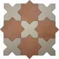 Terracotta 7-inch star shaped and ecru taupe 5-inch cross matte porcelain tiles arranged in a pattern