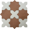Terracotta 7-inch star tiles paired with pure white 5-inch cross matte porcelain tiles in a symmetric pattern