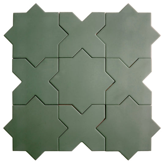 sage green matte porcelain wall and floor tiles with 7-inch stars and 5-inch crosses interlocking design