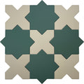 Sage green 7-inch star and ecru taupe 5-inch cross matte porcelain tiles arranged in pattern