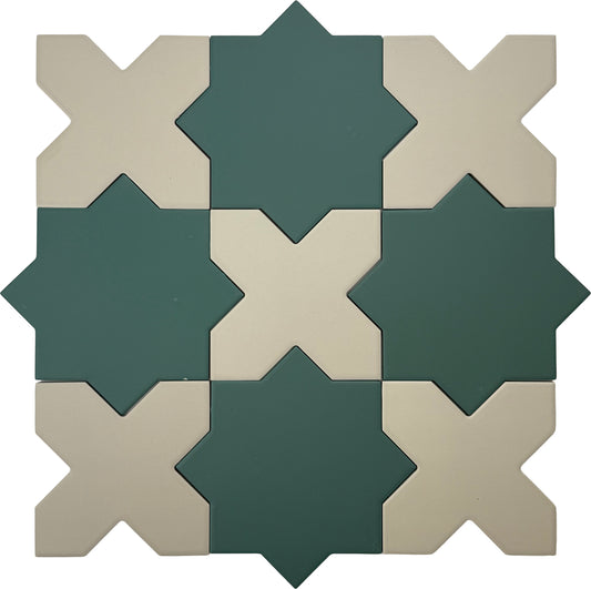 Sage green 7-inch star and ecru taupe 5-inch cross matte porcelain tiles arranged in pattern