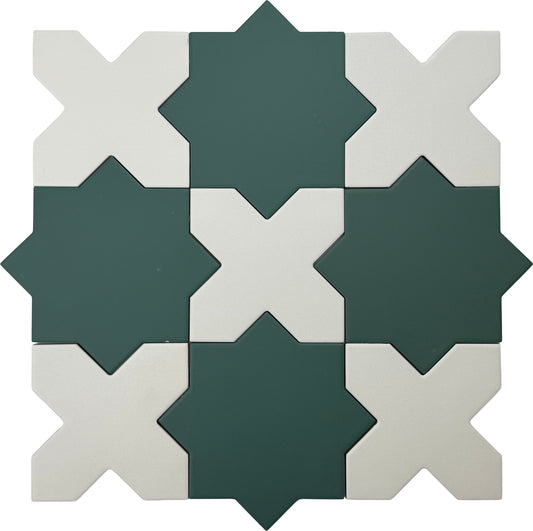 Sage Green 7" Star with Pure White 5" Cross Matte Porcelain (10.62 sq ft/case) - 68 Pack-sample