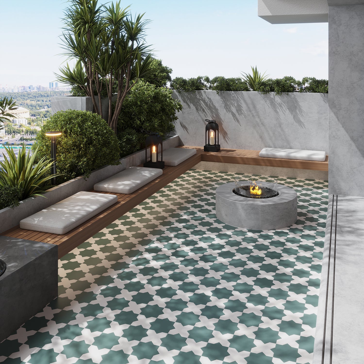 Sage Green 7" Star with Pure White 5" Cross Matte Porcelain (10.62 sq ft/case) - 68 Pack