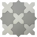 Light gray star shaped tiles and pure white cross shaped porcelain tiles with a matte finish