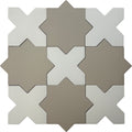 matte porcelain tile set with ecru taupe star shapes and pure white cross shapes interlocking