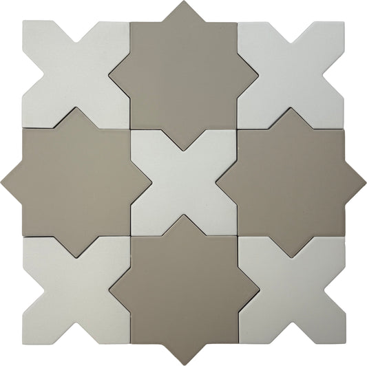 Ecru Taupe 7" Star with Pure White 5" Cross Matte Porcelain (10.62 sq ft/case) - 68 Pack