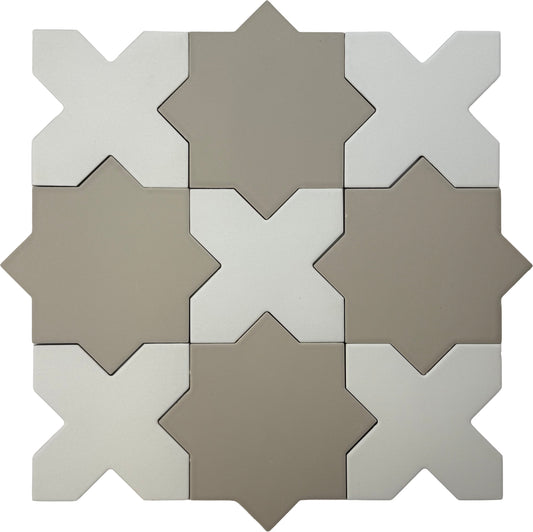 Ecru Taupe 7" Star with Pure White 5" Cross Matte Porcelain (10.62 sq ft/case) - 68 Pack-sample