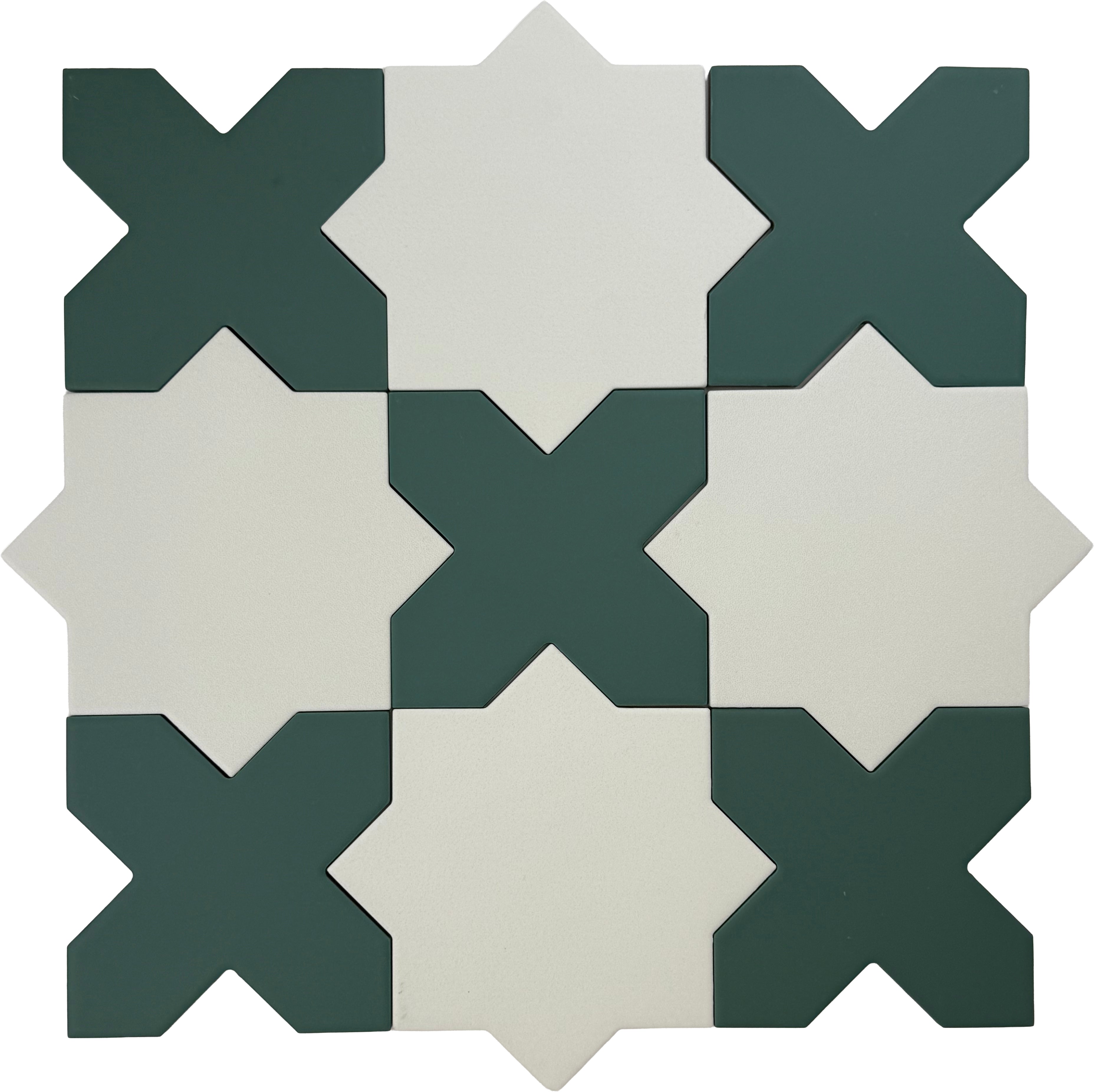Pure White 7 inch Star with Sage Green 5 inch Cross Matte Porcelain Tile