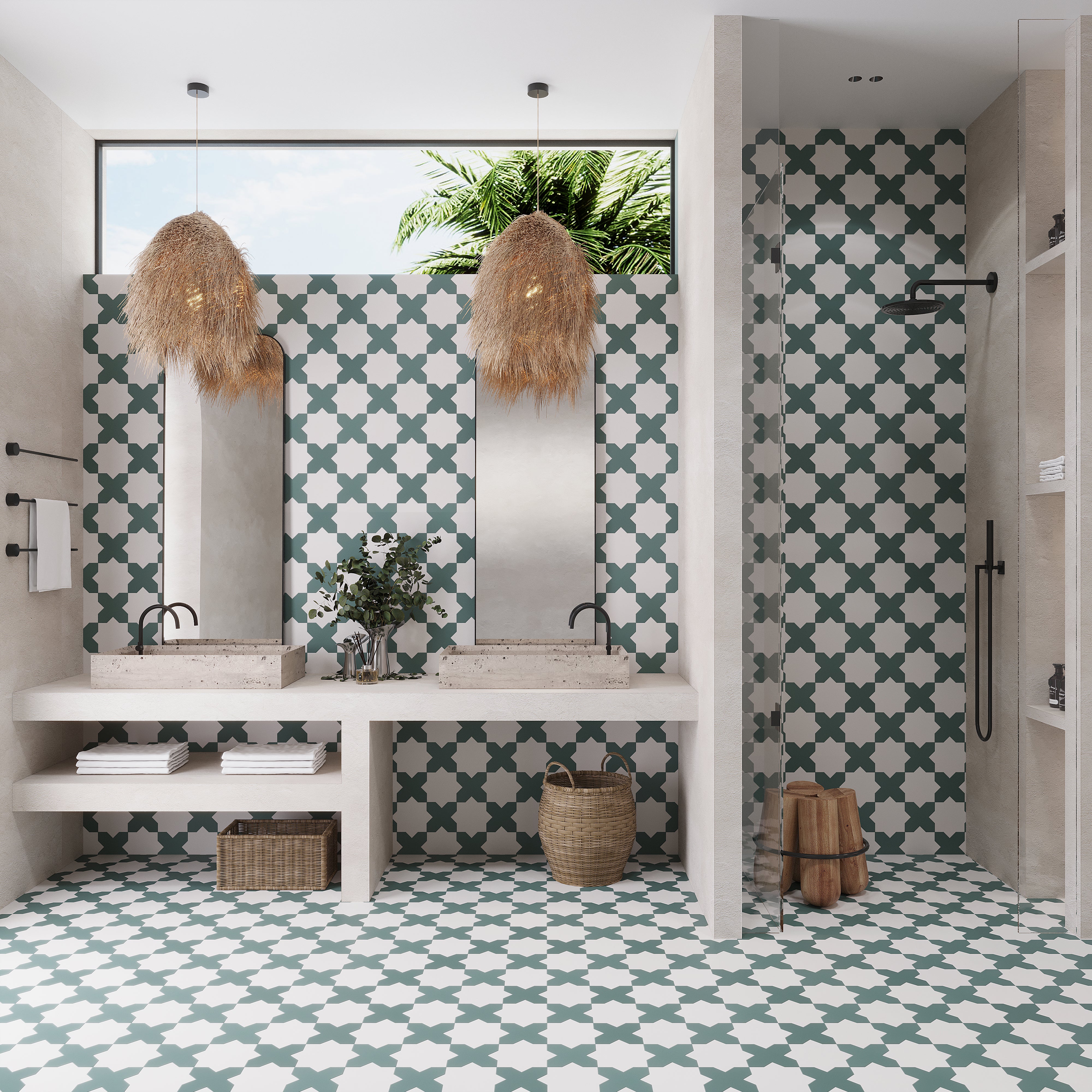White and sage green matte porcelain shower floor tile in a star and cross pattern