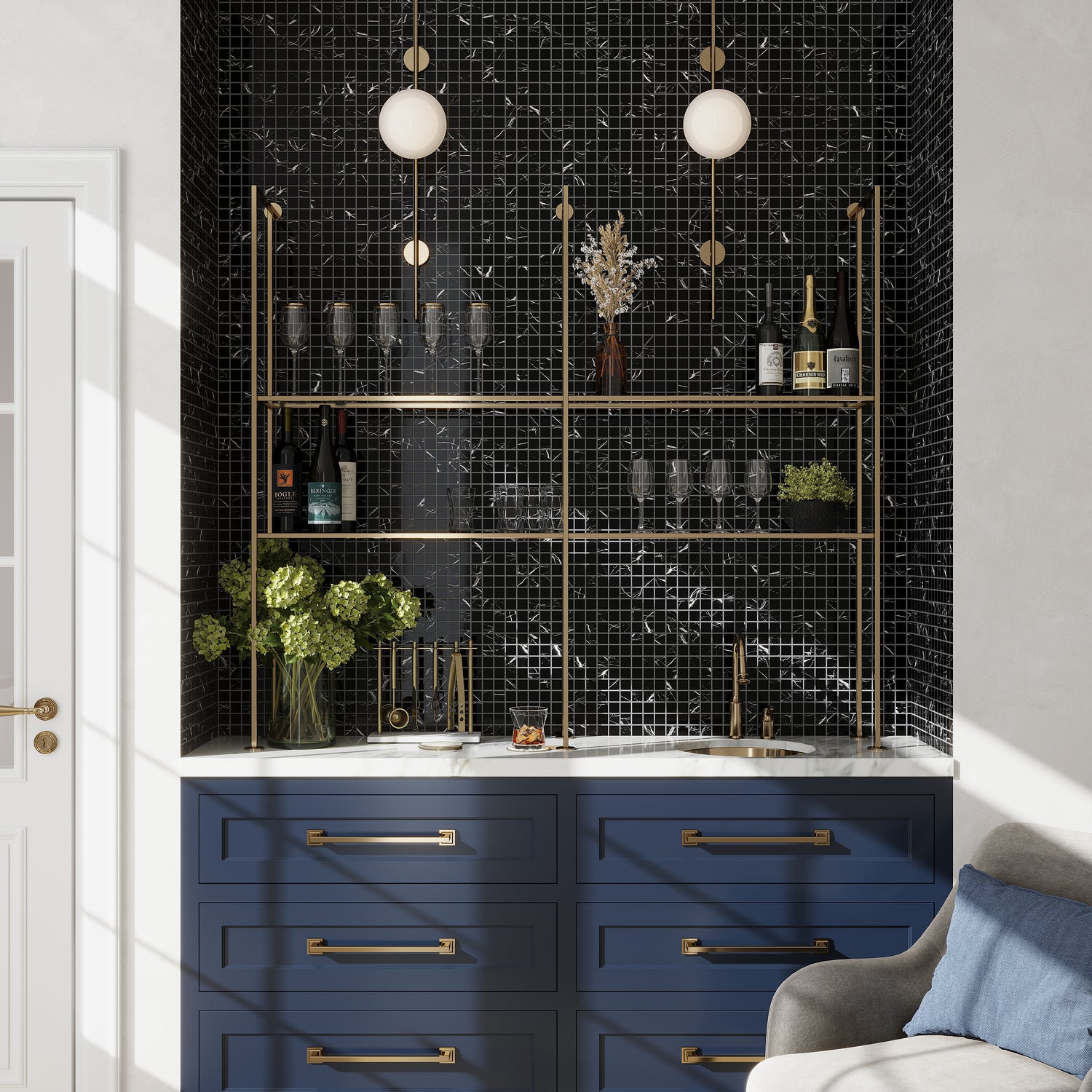 Sample - Black 12x12 Square Polished Square Nero Marquina Marble Mosaic Tile (5 pack, 5 sq ft/case)
