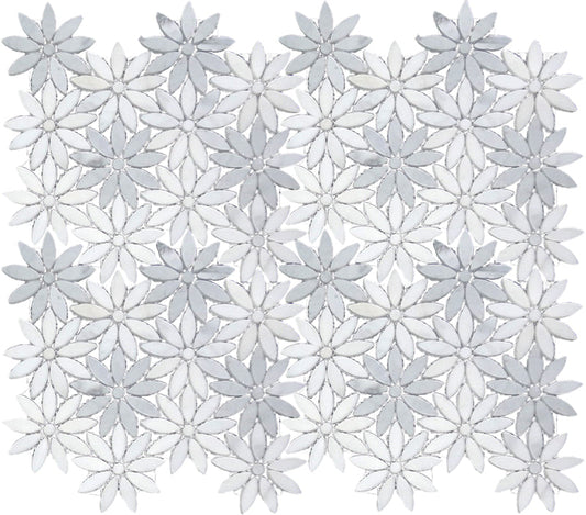 White 10x11 Polished Floral Eastern White Bardiglio Mosaic Tile (5 pack, 3.85 sq ft/case) - Sample