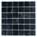 Polished black nero marquina marble mosaic tile sheet with square tiles and subtle white veining