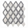 polished soft white marble diamond mosaic tile with charcoal gray stone outlines arranged in a geometric pattern