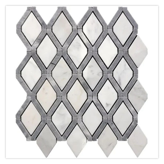 Elysian 10.6 in. x 11.4 in. Polished Soft White and Charcoal Gray Stone Mosaic Diamond Wall and Floor Tile (4.2 sq ft/case) - 5 Pack