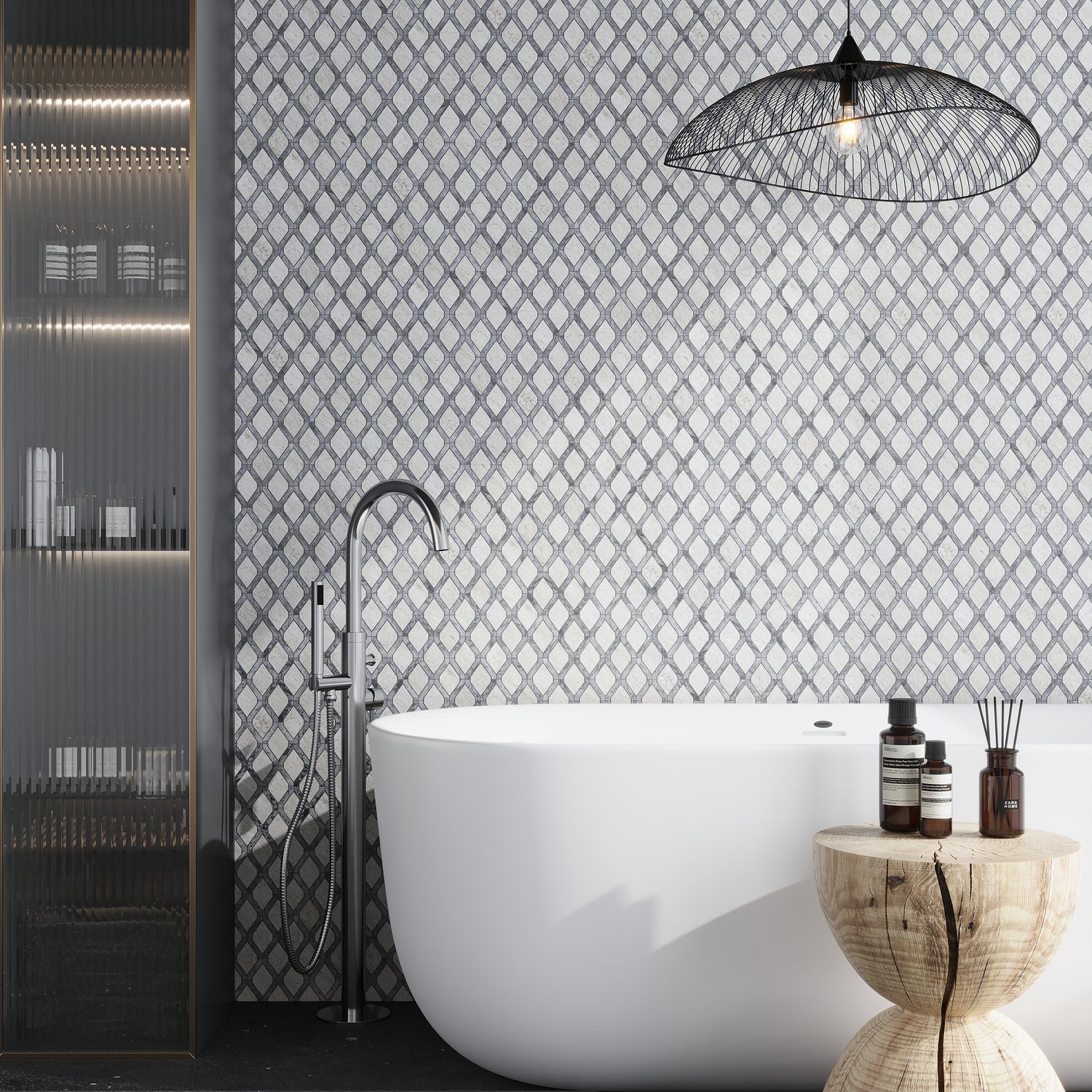 Soft White Charcoal Gray 11x11 Polished Diamond Stone Mosaic Tile (5 pack, 4.2 sq ft/case)