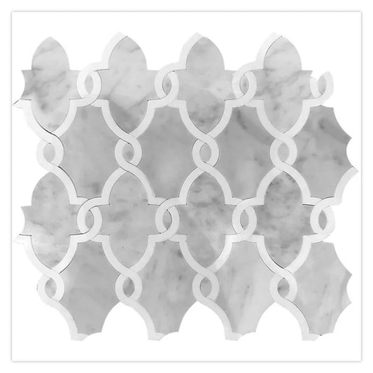 Elysian 11 in. x 12.7 in. Polished Soft Gray and White Marble Mosaic Arabesque Wall and Floor Tile (4.85 sq ft/case) - 5 Pack