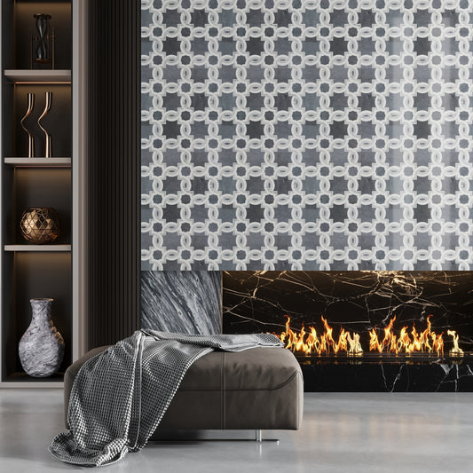 Soft White Smoky Gray 12x12 Polished Floral Marble Mosaic Tile (5 pack, 4.83 sq ft/case)