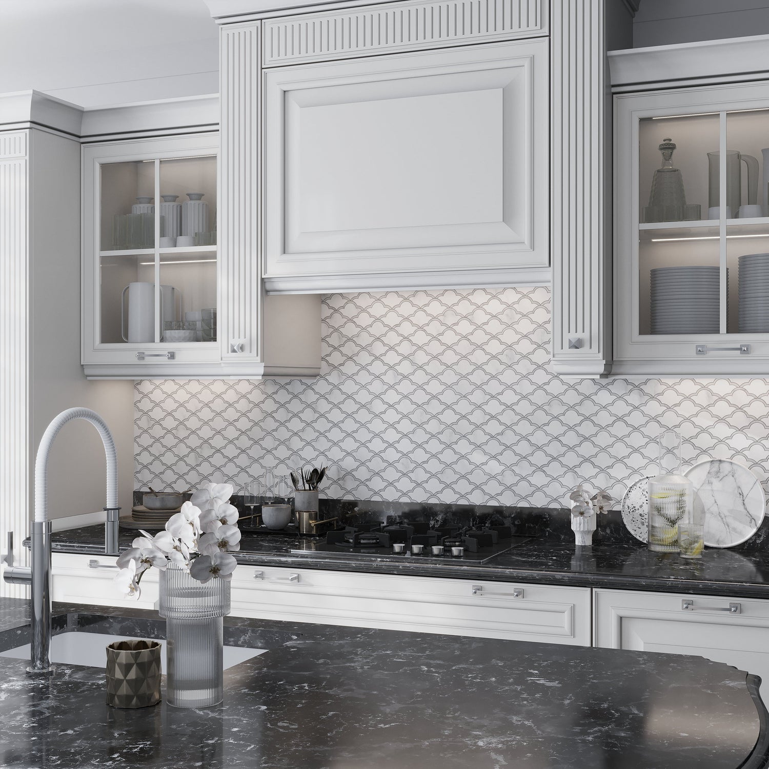 Soft White Gray 9x10 Polished Fan Scalloped Bianco Carrara Marble Mosaic Tile (5 pack, 3.06 sq ft/case)