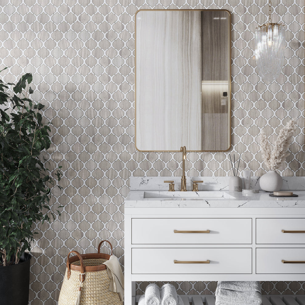 Thassos white and wooden grey marble mosaic tile in small bathroom design