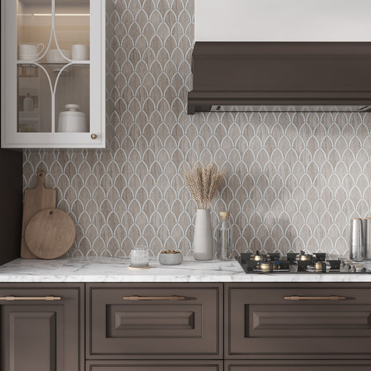 Wooden Beige White 9x10 Polished Fan Fish Scale Marble Mosaic Tile (5 pack, 3 sq ft/case) - Sample