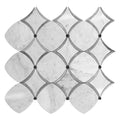 polished stone mosaic tile with white and gray marble diamond and petal shapes with black accent dots