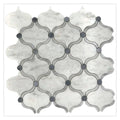 polished soft white gray arabesque stone mosaic tile sheet with circular gray accents