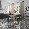 polished jet black terrazzo floor tile with white and gray flecks, 24x24 inches, kitchen floor