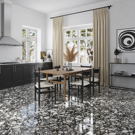 Jet Black 24x24 Polished Square Terrazzo Large Format Tile (4 pack, 15.5 sq ft/case)