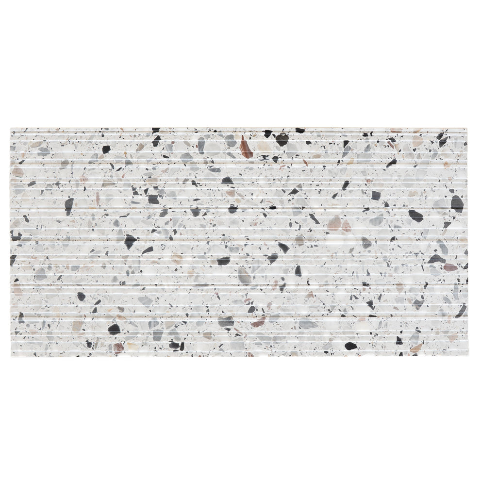 Stacked tile pattern in white fluted terrazzo large tile