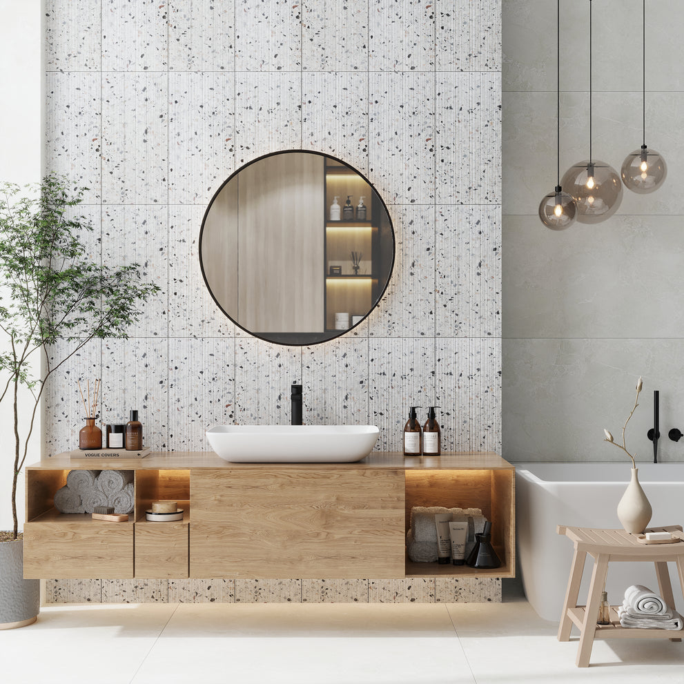 Stacked tile pattern in white fluted terrazzo large tile