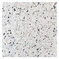 white honed terrazzo large tile 24 by 24 inches with mixed stone chips in black, grey and beige