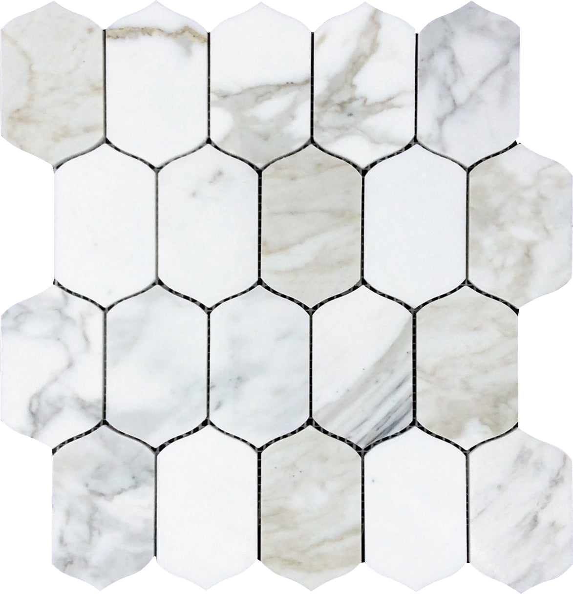 Serena 12x13 Misty White Gray Calacatta Gold Mosaic Picket Lantern Wall and Floor Tile (5 Pack, 5.59 sq ft/case) - Sample