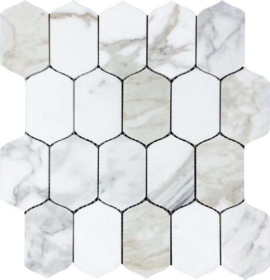 Serena 12x13 Misty White Gray Calacatta Gold Mosaic Picket Lantern Wall and Floor Tile (5 Pack, 5.59 sq ft/case) - Sample