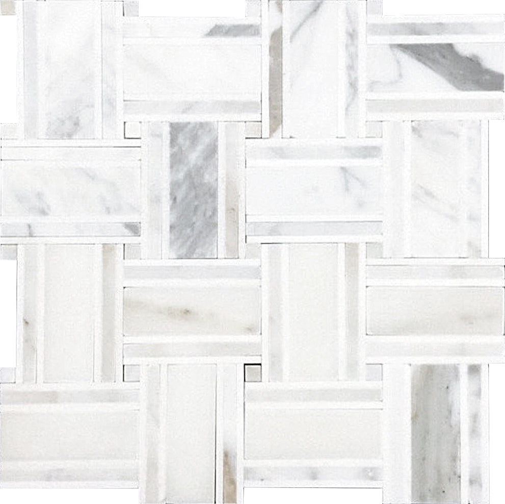 Basket weave pattern flooring in white gray polished Calacatta Gold and Thassos mosaic tile