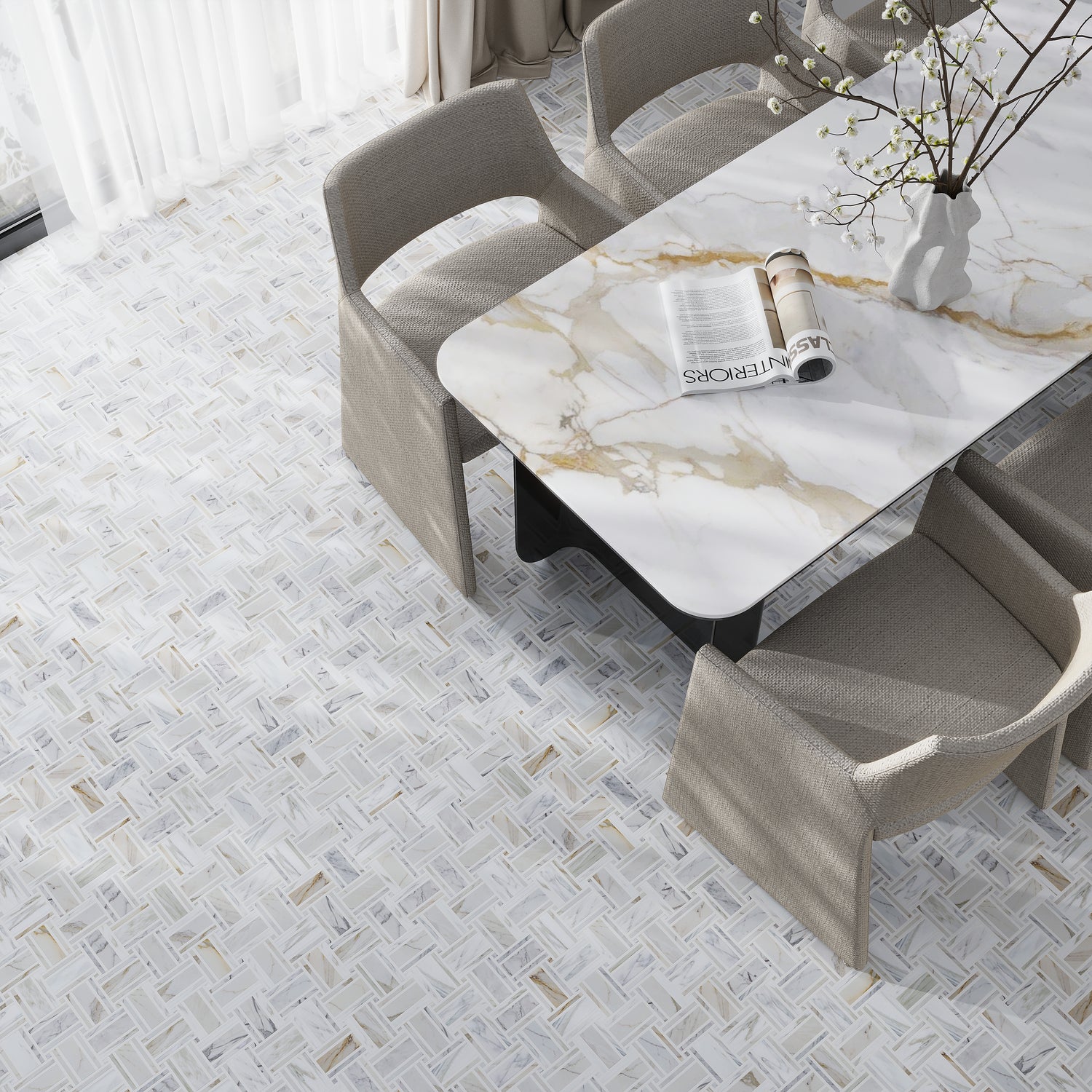 White Gray 12x12 Polished Basketweave Calacatta Gold, Thassos Mosaic Tile (5 pack, 4.83 sq ft/case)