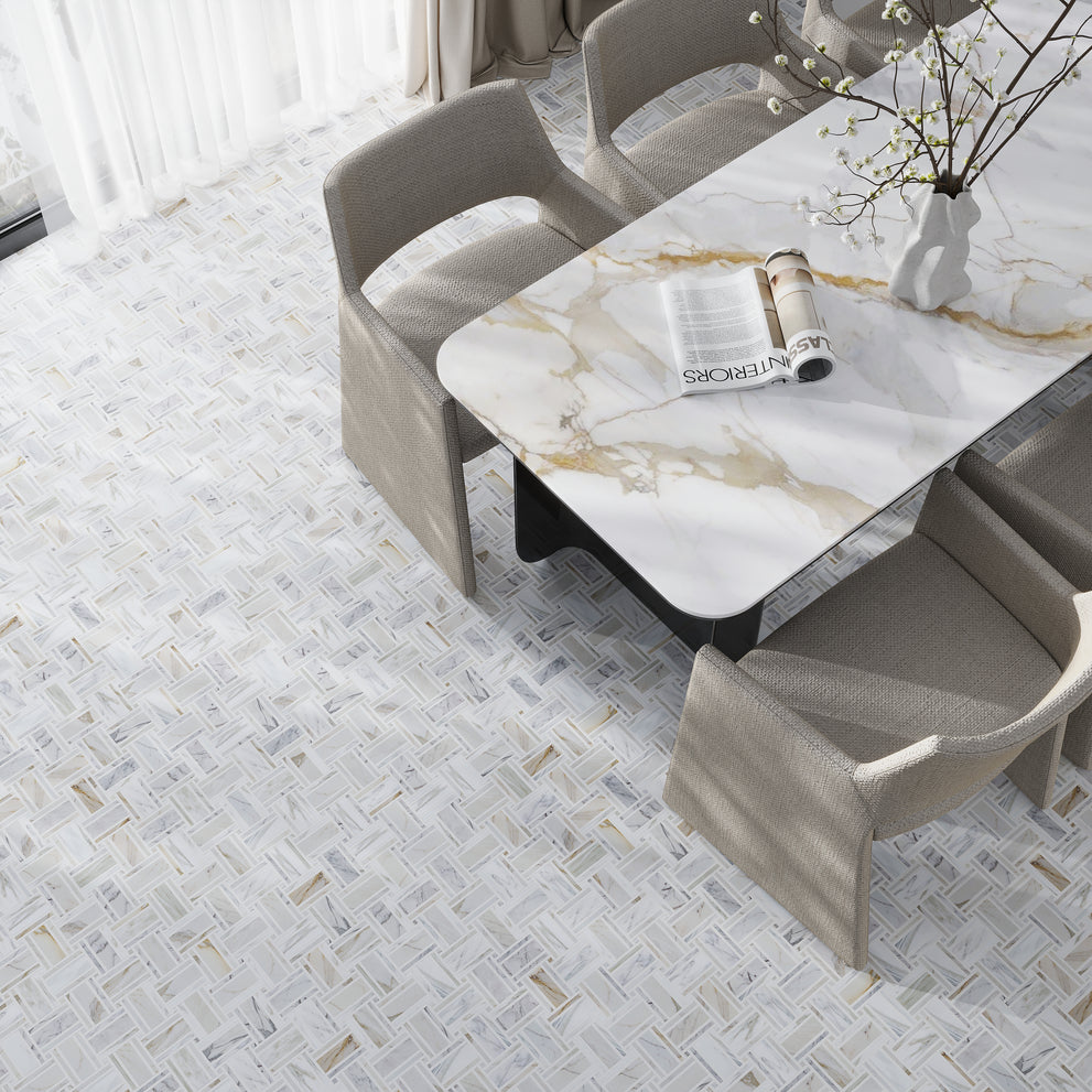 Basket weave pattern flooring in white gray polished Calacatta Gold and Thassos mosaic tile