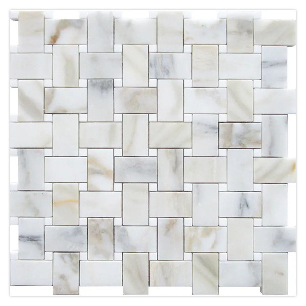 White gray polished basketweave mosaic tile in Calacatta Gold and Thassos marble