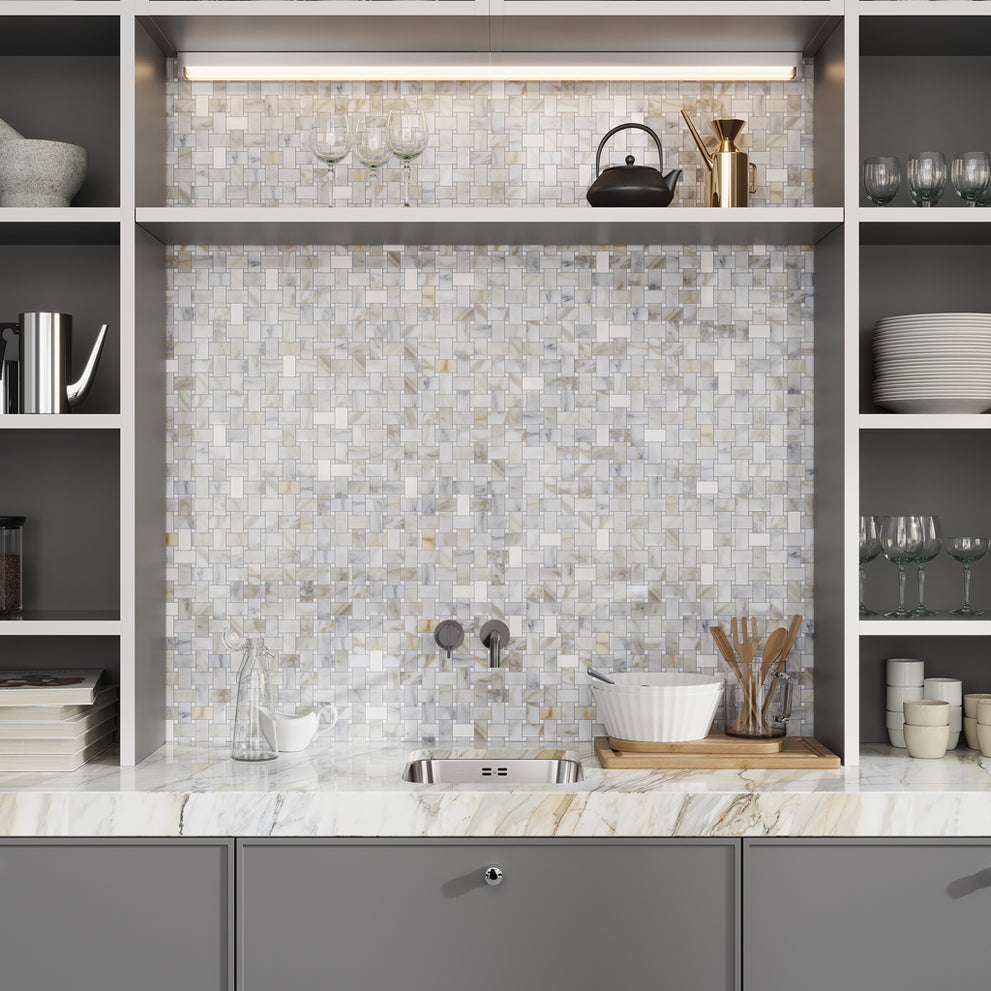 White gray polished basketweave mosaic tile in Calacatta Gold and Thassos marble