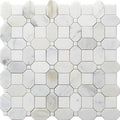 white gray polished octagon and dot mosaic tile with calacatta gold and thassos accents