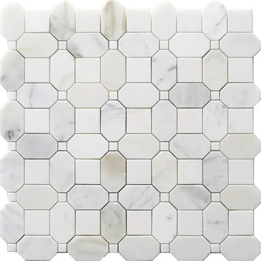 Serena 12x12 White Gray Calacatta Gold, Thassos Mosaic octagon & dot Wall and Floor Tile (5 Pack, 5.17 sq ft/case)