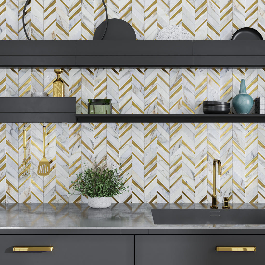 White Gray with Gold 12x12 Polished Chevron Marble Brass Mosaic Tile (5 pack, 5 sq ft/case)