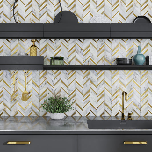 White Gray with Gold 12x12 Polished Chevron Marble Brass Mosaic Tile (5 pack, 5 sq ft/case)