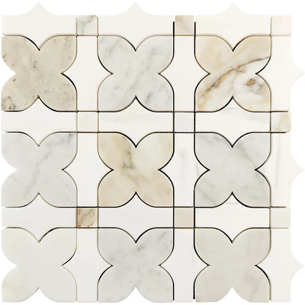 White gray gold clover dolomite, carrara, calacatta macchia vecchia mosaic tile kitchen flooring in a polished finish